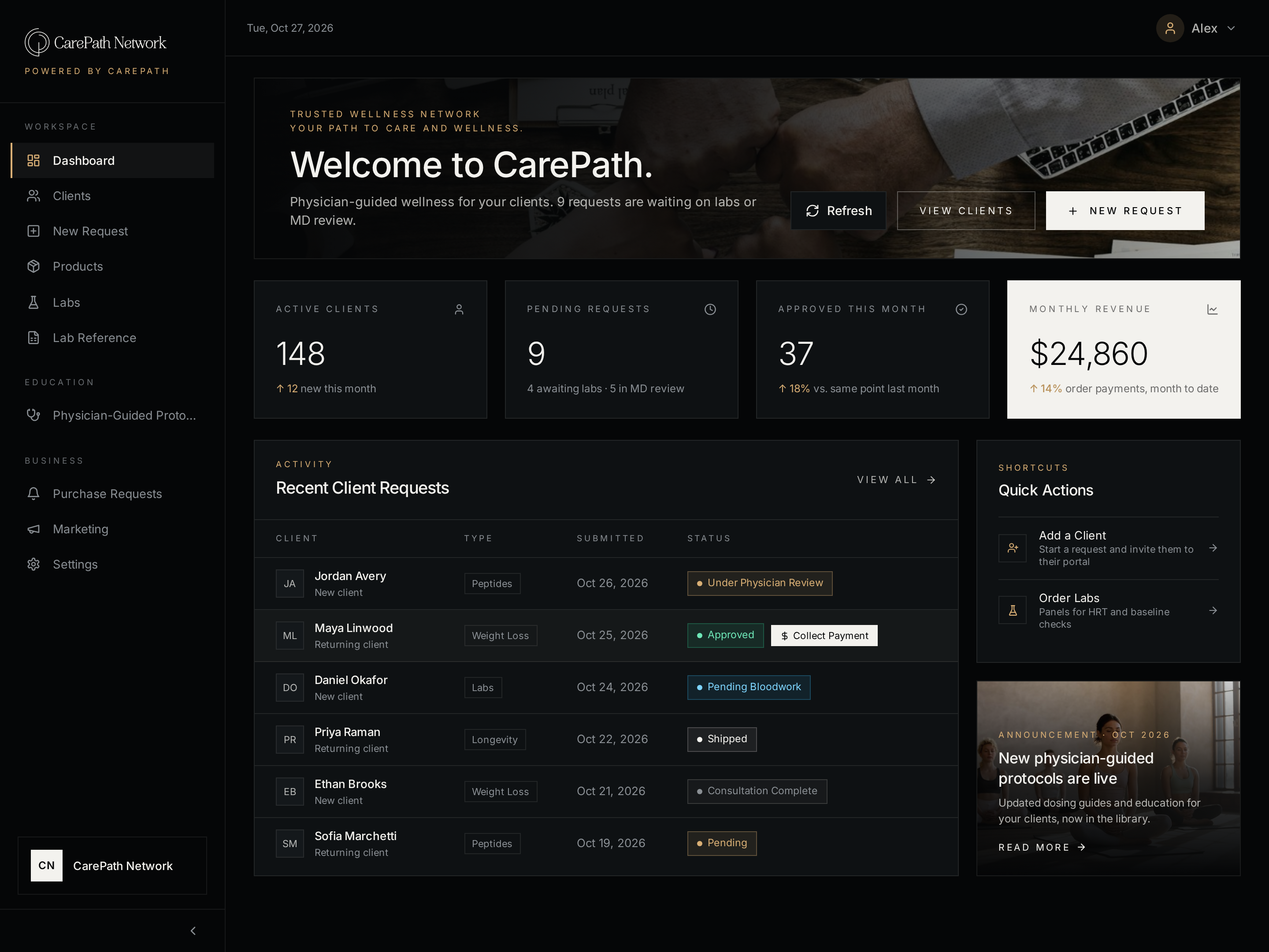 CarePath vendor portal dashboard shown in the dark theme